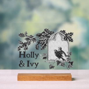 Holly & Ivy birds vintage christmas black & white Acrylic Sign