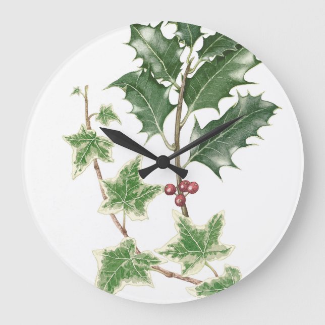 Holly & Ivy Botanical Watercolour Clock (Front)