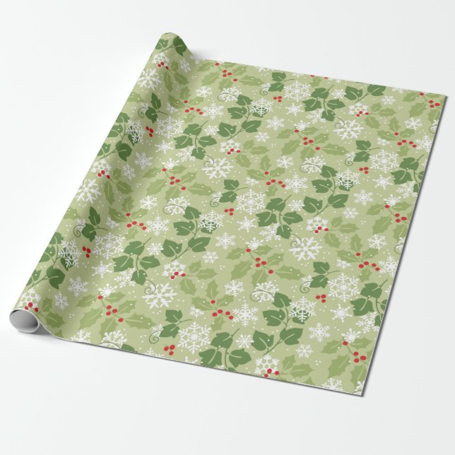 Holly Ivy Snow Christmas Wrapping paper (Unrolled)