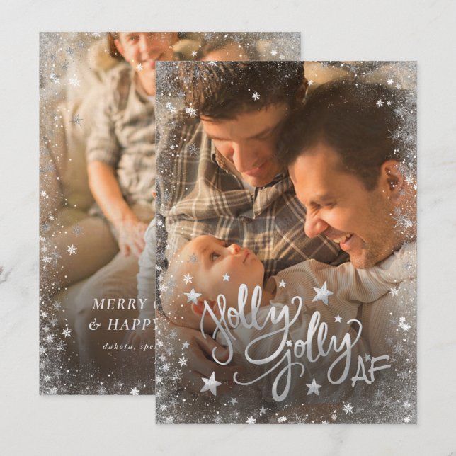 Holly Jolly AF | Shiny Gold Faux Foil 2 Photo Holiday Card (Front/Back)