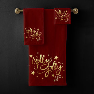 Holly Jolly AF Shiny Gold Faux Foil Script Bath Towel Set