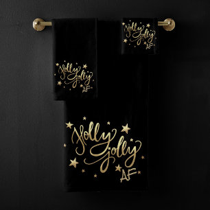 Holly Jolly AF   Shiny Gold Faux Foil Script Bath Towel Set