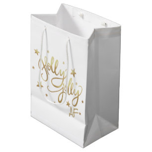 Holly Jolly AF Shiny Gold Faux Foil Script Medium Gift Bag