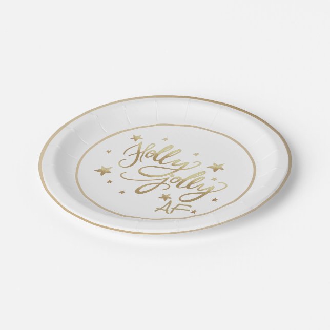 Holly Jolly AF | Shiny Gold Faux Foil Script Paper Plate (Angled)