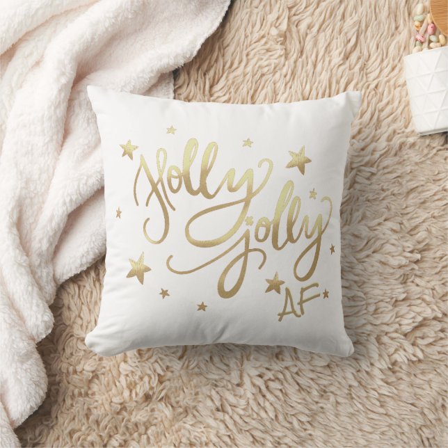 Holly Jolly AF | Shiny Gold Faux Foil Script White Throw Pillow (Blanket)