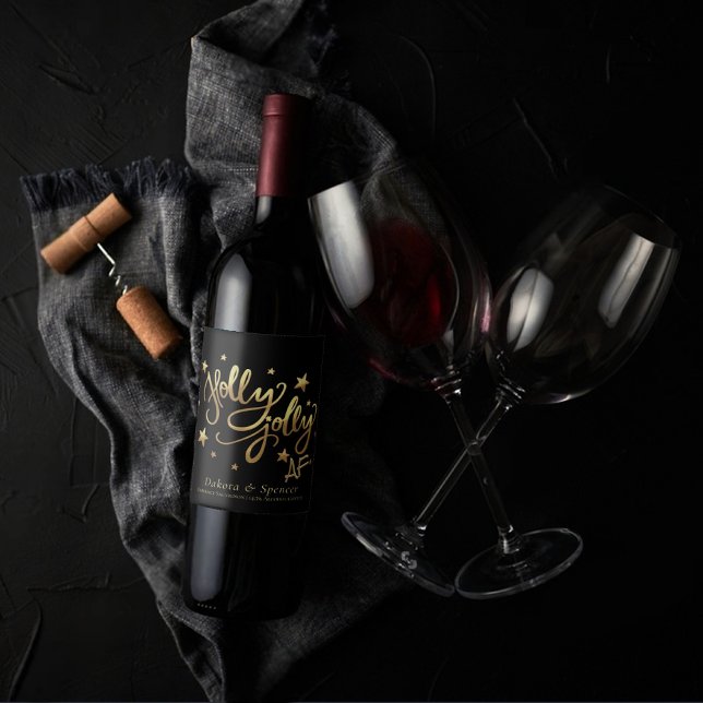 Holly Jolly AF | Shiny Gold Faux Foil Script Wine Label (Creator Uploaded)