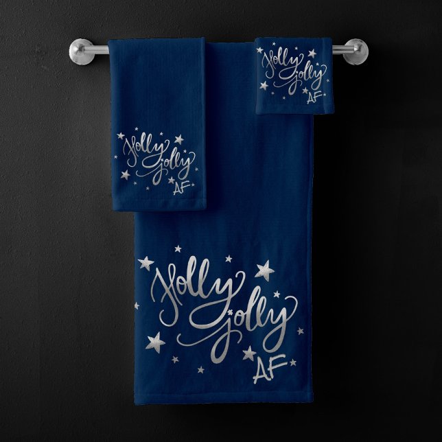 Holly Jolly AF | Shiny Silver Faux Foil Script Bath Towel Set (Creator Uploaded)