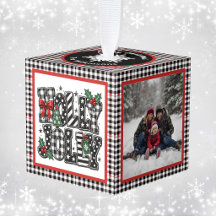 Holly Jolly Black Red Plaid Family 3 Photo Modern