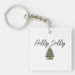 Holly Jolly Calligraphy with Vintage Christmas Tre Keychain