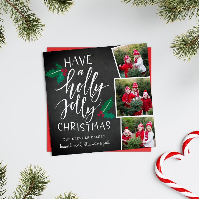 Holly Jolly | Carte de collage photo de jour férié (A 3 photo holiday card with rustic appeal in a classic Christmas color palette.)
