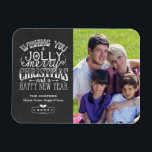 Holly Jolly Chalkboard Typography Christmas Photo Magnet<br><div class="desc">================= ABOUT THIS DESIGN ================= Holly Jolly Chalkboard Typography Christmas Family Photo Magnet. (1) For further customization, please click the "Customize it" button and use our design tool to modify this template. All text style, colours, sizes can be modified to fit your needs. (2) If you need help or matching...</div>