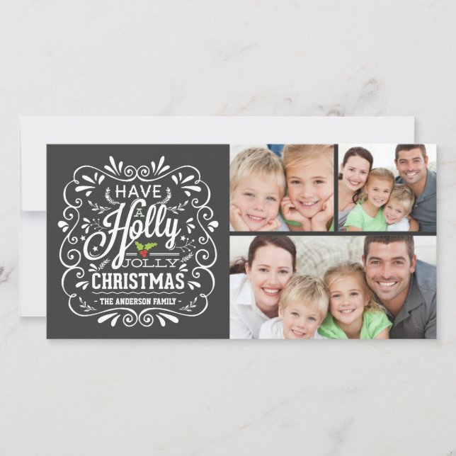 Holly Jolly Christmas Chalkboard 3-Photo Collage Holiday Card (Front)