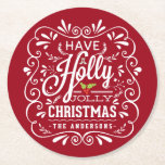 Holly Jolly Christmas Chalkboard Holiday Party Red Round Paper Coaster<br><div class="desc">Have A Holly Jolly Christmas custom holiday party paper coasters. Festive and folksy curly chalk-art style Christmas Holiday design. Whimsical chalkboard style swirly frame with white chalk-art typography on cheerful red background and trendy retro mix of hand-lettered styles, decorated with frosty foliage and holly berries. Add your own personalized greeting...</div>