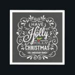Holly Jolly Christmas Chalkboard Paper Napkins<br><div class="desc">Festive and folksy curly chalk-art style Christmas Holiday design for greeting cards and seasonal party invitations. Whimsical blackboard look swirly frame with white chalk-art typography and trendy retro mix of hand-lettered styles, decorated with frosty foliage and holly berries. Add your name or custom text to create a unique personalized keepsake...</div>