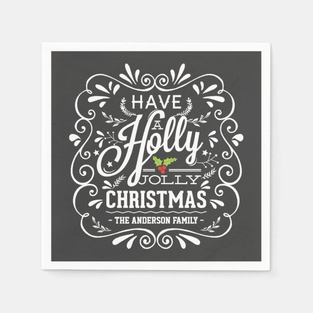 Holly Jolly Christmas Chalkboard Paper Napkins (Front)