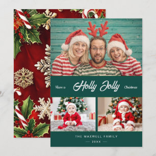 Holly Jolly Christmas Chic Gold Confetti 3 Photo Holiday Card