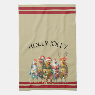 Holly Jolly  - Christmas Chickens With Santa Hats  Kitchen Towel