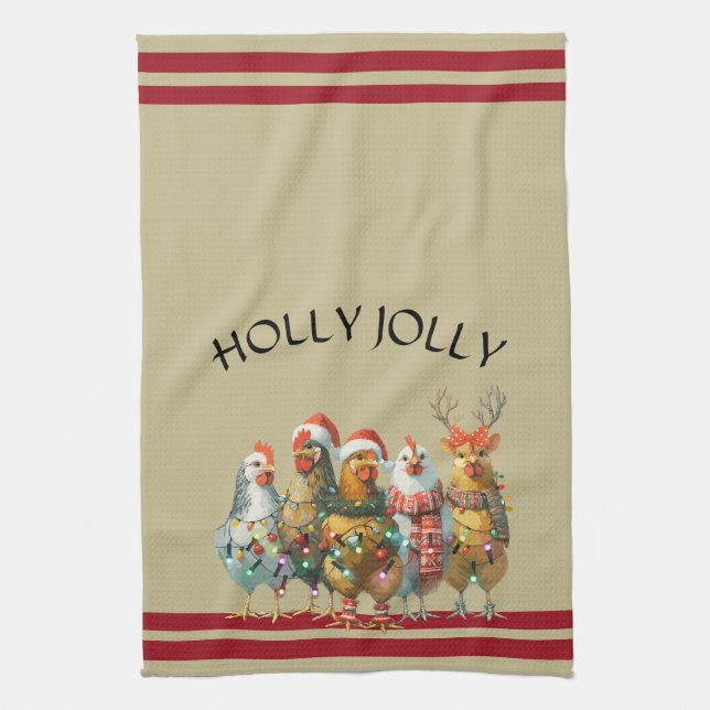 Holly Jolly  - Christmas Chickens With Santa Hats  Kitchen Towel (Vertical)