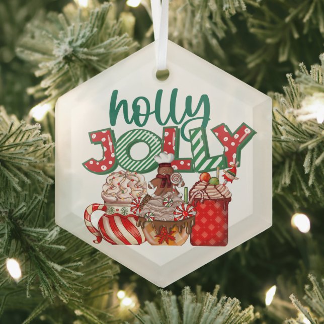 "Holly Jolly" Christmas Coffee Ornament, Holidays Glass Ornament (Insitu)
