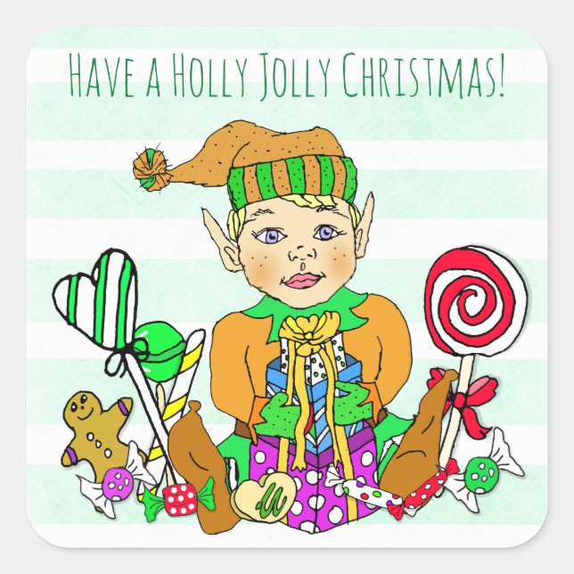 Holly Jolly Christmas Festive Elf Square Sticker (Front)