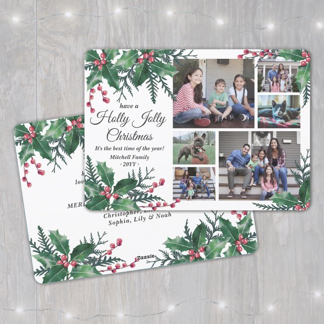 Holly Jolly Christmas Greenery 6 Photo Collage Holiday Card (Creator Uploaded)