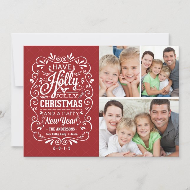 Holly Jolly Christmas Holiday Photo Collage Card (Front)