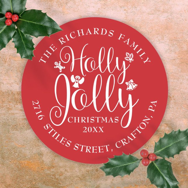 Holly Jolly Christmas Holidays Name Address Classic Round Sticker (Holly Jolly Christmas Holidays Name Address Classic Round Sticker)