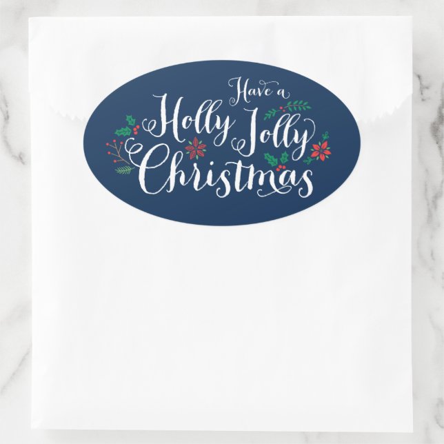 Holly Jolly Christmas Navy Blue Holiday Oval Sticker (Bag)