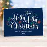 Holly Jolly Christmas Navy Blue Photo Holiday Card<br><div class="desc">"Have a Holly Jolly Christmas" holiday greeting cards feature a dark navy blue background,  white handwritten style script,  and festive berries,  holly leaves,  poinsettia,  and winter evergreen design accents. Personalize with a photo and custom message on the inside.</div>