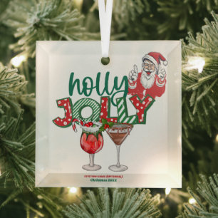 "Holly Jolly" Christmas Ornament, Holiday Drinks Glass Ornament