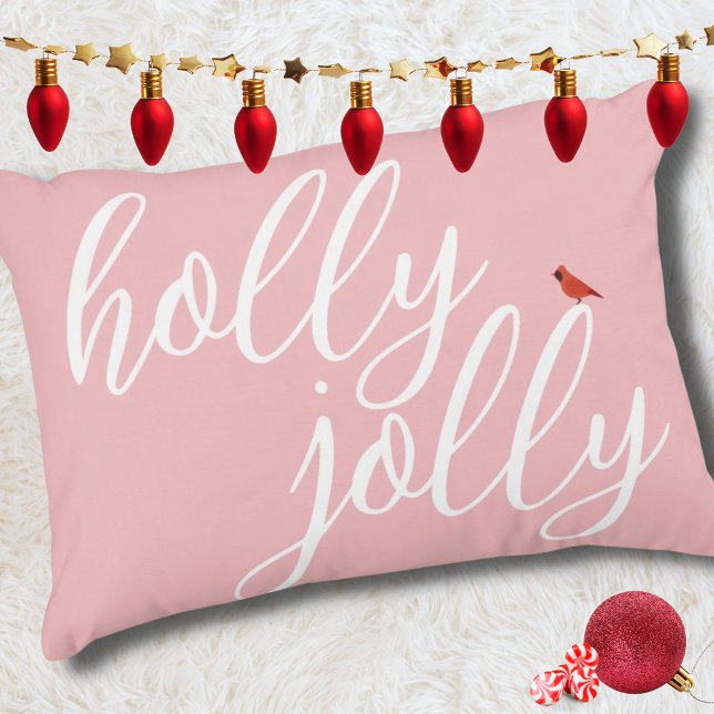 Holly Jolly Christmas Pink White Stylish Script Accent Pillow (Creator Uploaded)