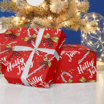 Holly Jolly Christmas Red Candy Cane Gold Bows Wrapping Paper<br><div class="desc">Holly Jolly Fancy Script,  Christmas Candy Cane,  Gold Bows,   Illustration Pattern Red Wrapping Paper.</div>