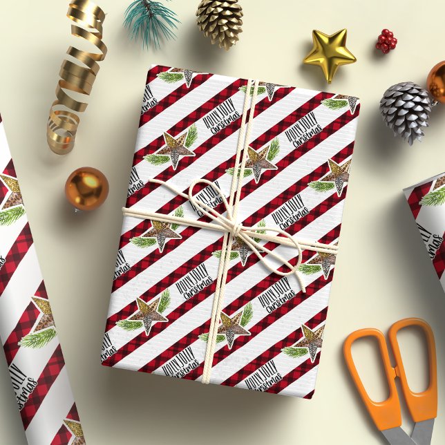Holly Jolly Christmas Red plaid stripes Festive Wrapping Paper (Creator Uploaded)