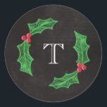 Holly Jolly Christmas Rustic Chalkboard Monogram Classic Round Sticker<br><div class="desc">Charming,  rustic Christmas sticker with your initial inside a holly wreath on a chalkboard background.</div>