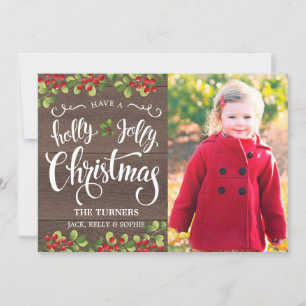 Holly Jolly Christmas Script - Rustic Woodgrain Holiday Card