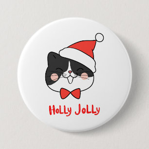 Holly Jolly Cute Kawaii Santa Cat 3 Inch Round Button