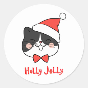 Holly Jolly Cute Kawaii Santa Cat Classic Round Sticker