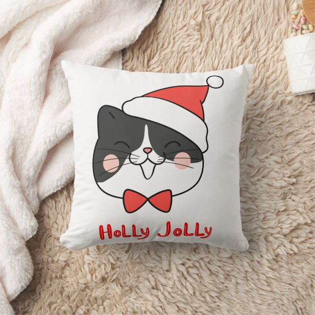 Holly Jolly Cute Kawaii Santa Cat Throw Pillow (Blanket)