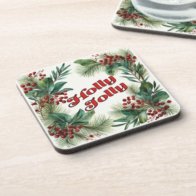 "Holly Jolly" Decorative Christmas Script & Holly Coaster (Left Side)