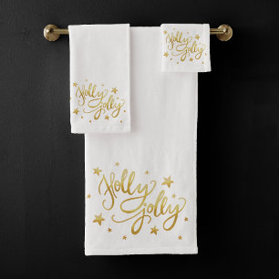 Holly Jolly   Elegant Gold Faux Foil Script Bath Towel Set