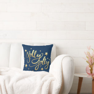 Holly Jolly   Elegant Gold Faux Foil Script Blue Throw Pillow
