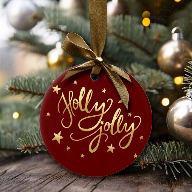 Holly Jolly | Elegant Gold Faux Foil Script Ceramic Ornament (Creator Uploaded)