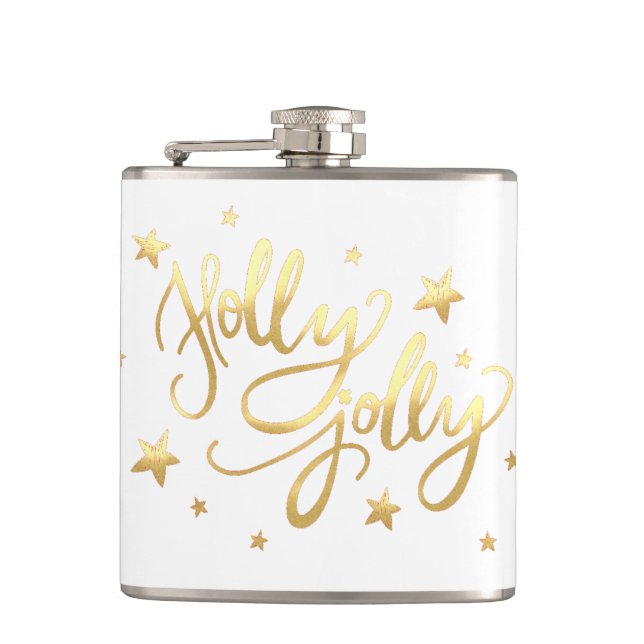 Holly Jolly | Elegant Gold Faux Foil Script Hip Flask (Front)