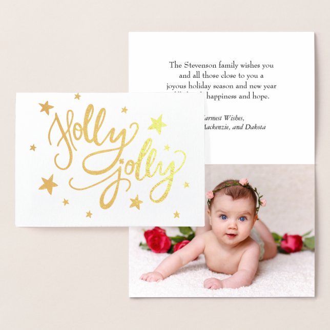 Holly Jolly | Elegant Gold Faux Foil Script Photo Card (Display)