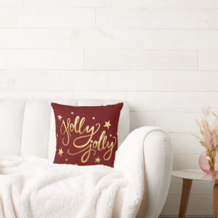 Holly Jolly   Elegant Gold Faux Foil Script Red Throw Pillow