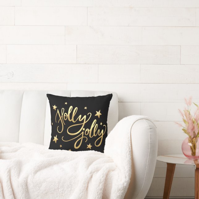 Holly Jolly | Elegant Gold Faux Foil Script Throw Pillow (Couch)