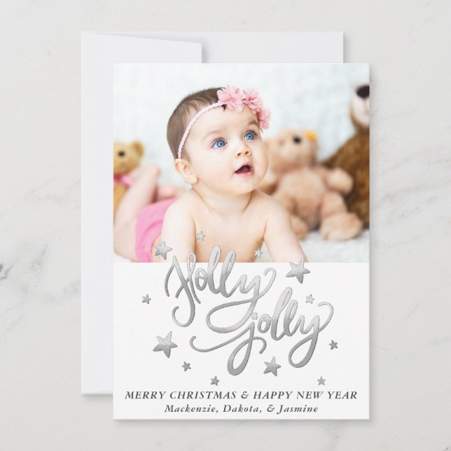 Holly Jolly | Elegant Silver Faux Foil Photo Holiday Card (Front)