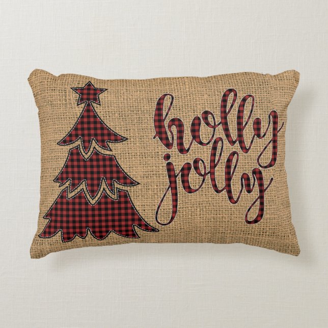 holly jolly FAUX burlap, Plaid Tree Pillow (Front)