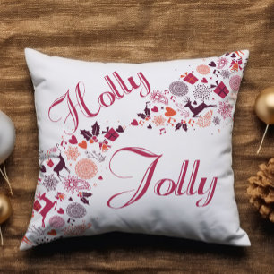 Holly Jolly Fun Red Snow Add Name Christmas Throw Pillow