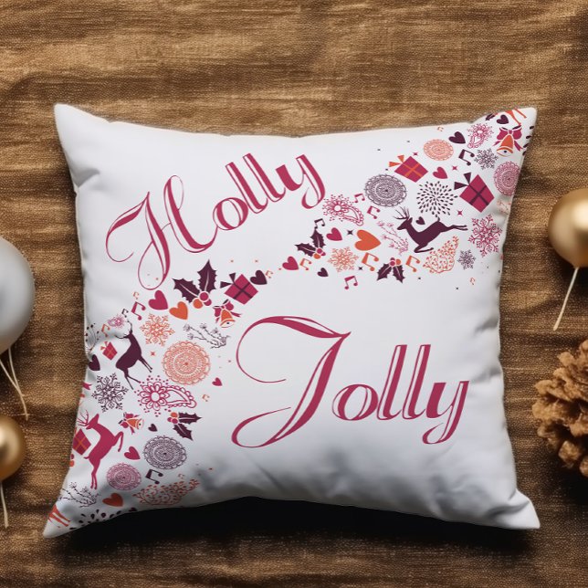 Holly Jolly Fun Red Snow Add Name Christmas Throw Pillow (Creator Uploaded)